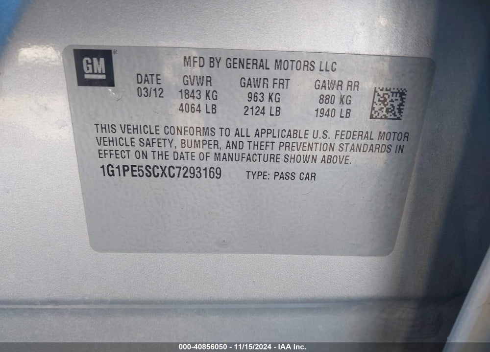 2012 CHEVROLET CRUZE LT VIN: 1G1PE5SCXC7293169