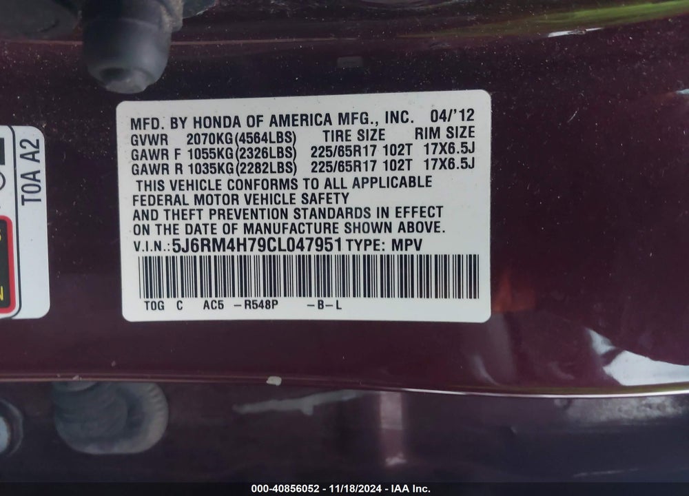 2012 HONDA CR-V EX-L VIN: 5J6RM4H79CL047951