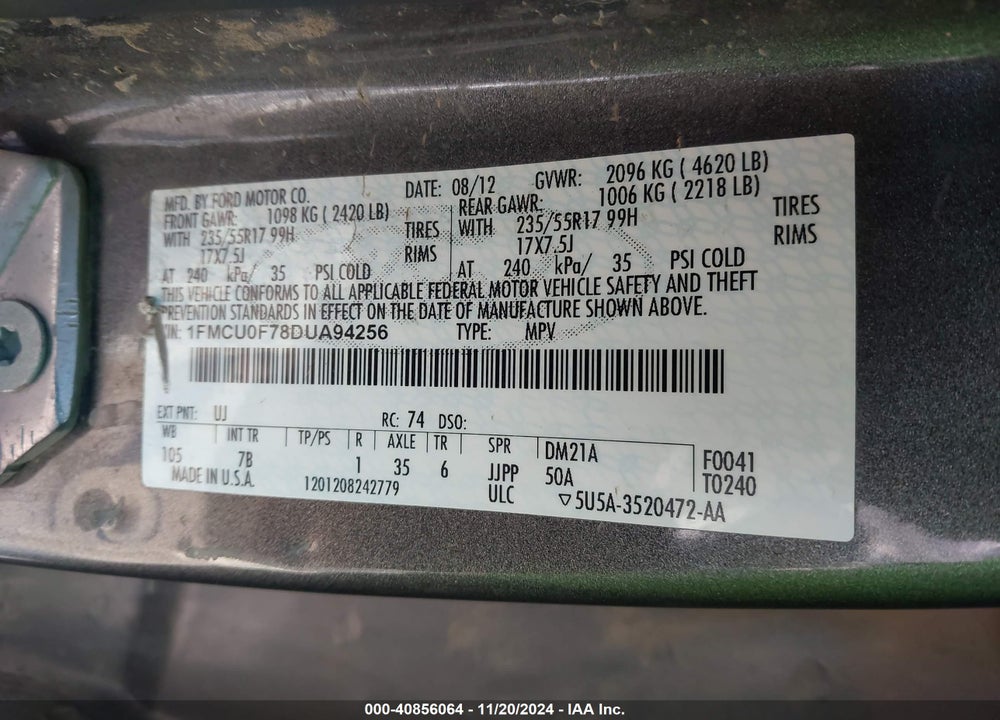 2013 FORD ESCAPE S VIN: 1FMCU0F78DUA94256