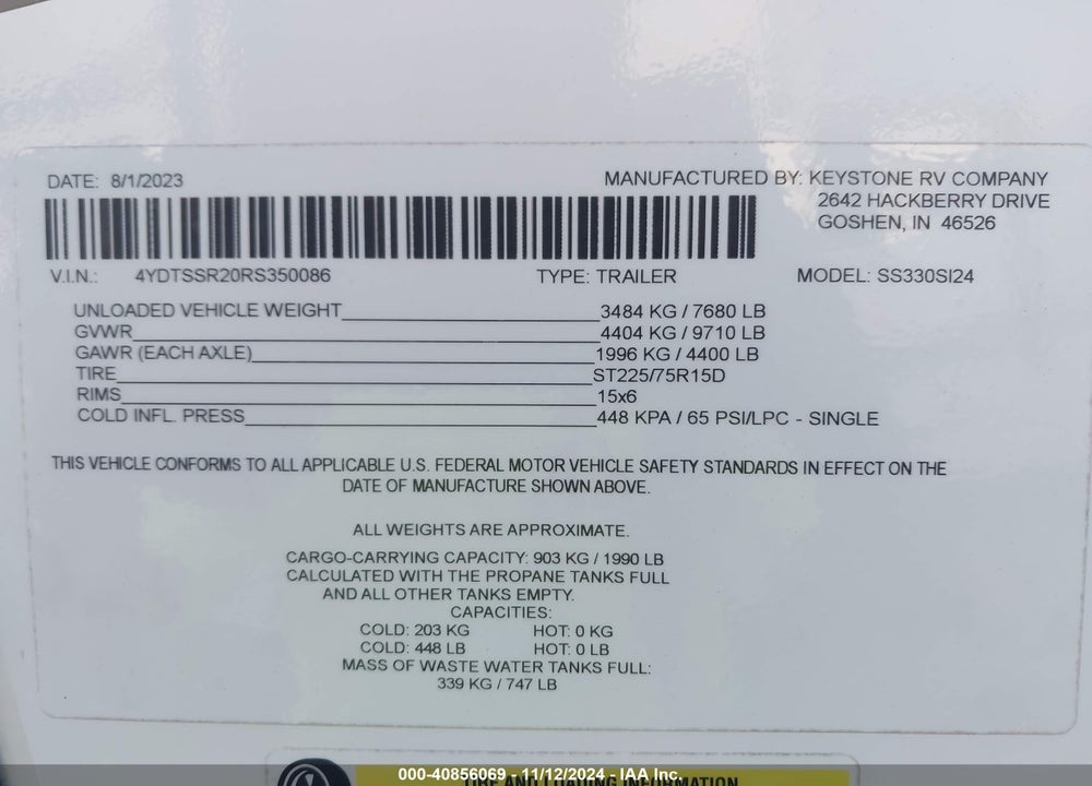 2024 KEYSTONE RV OTHER VIN: 4YDTSSR20RS350086