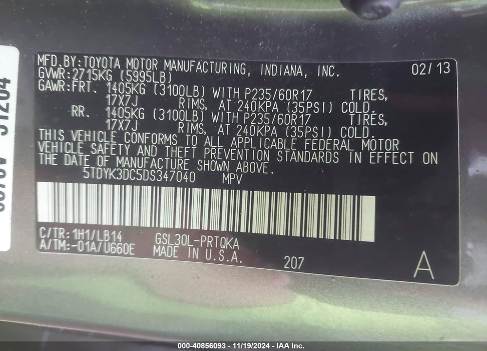 2013 TOYOTA SIENNA XLE LIMITED VIN: 5TDYK3DC5DS347040