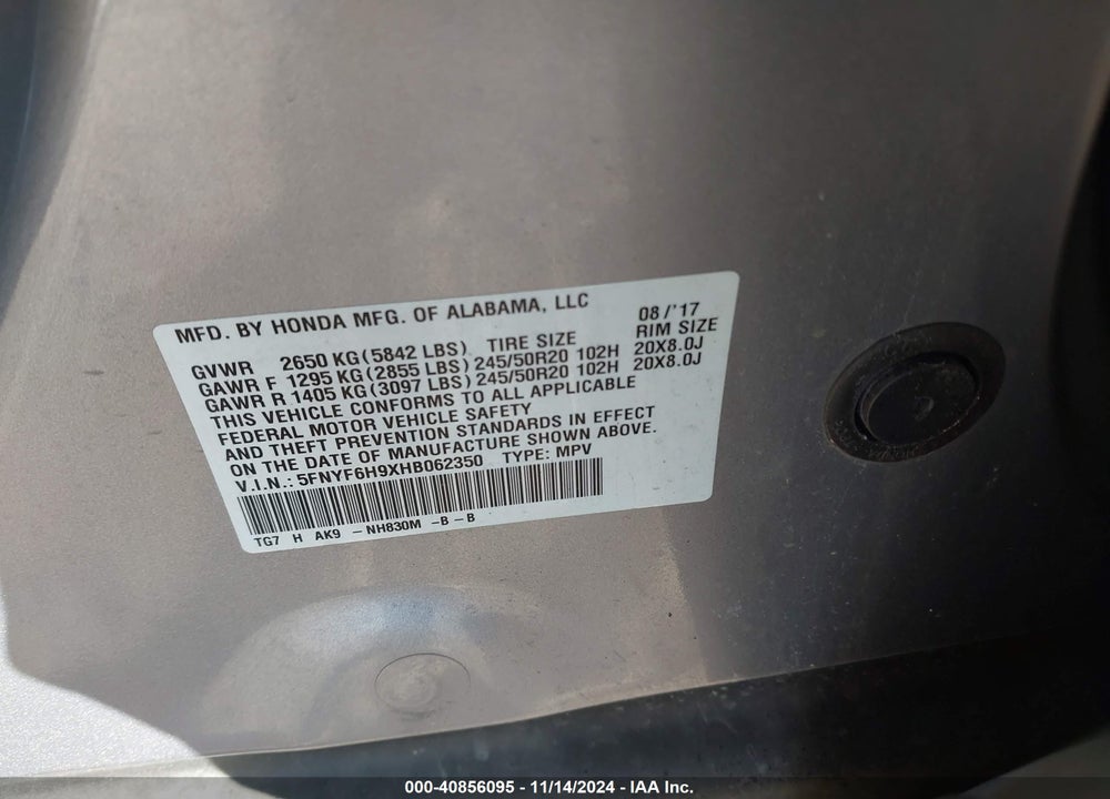 2017 HONDA PILOT TOURING VIN: 5FNYF6H9XHB062350