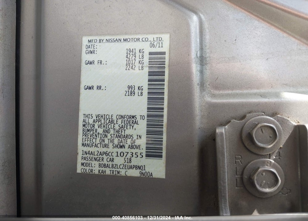 2012 NISSAN ALTIMA VIN: 1N4AL2AP6CC107355