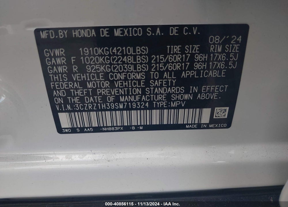 2025 HONDA HR-V 2WD LX VIN: 3CZRZ1H39SM719324