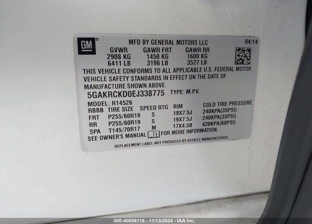 2014 BUICK ENCLAVE PREMIUM VIN: 5GAKRCKD0EJ338775