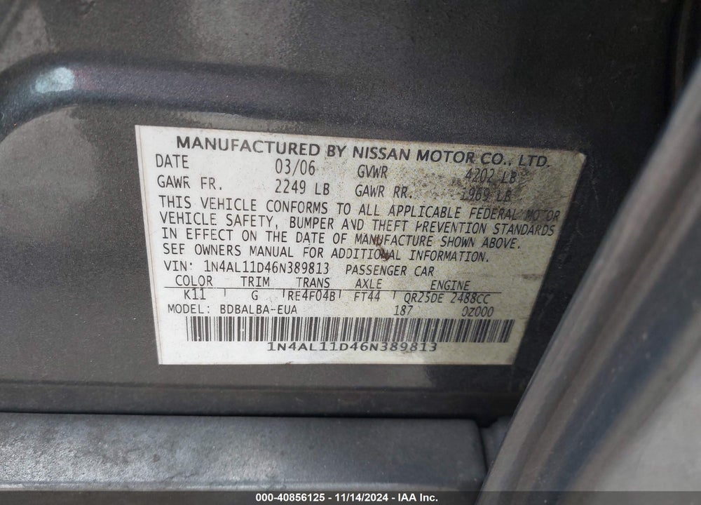 2006 NISSAN ALTIMA 2.5 S VIN: 1N4AL11D46N389813