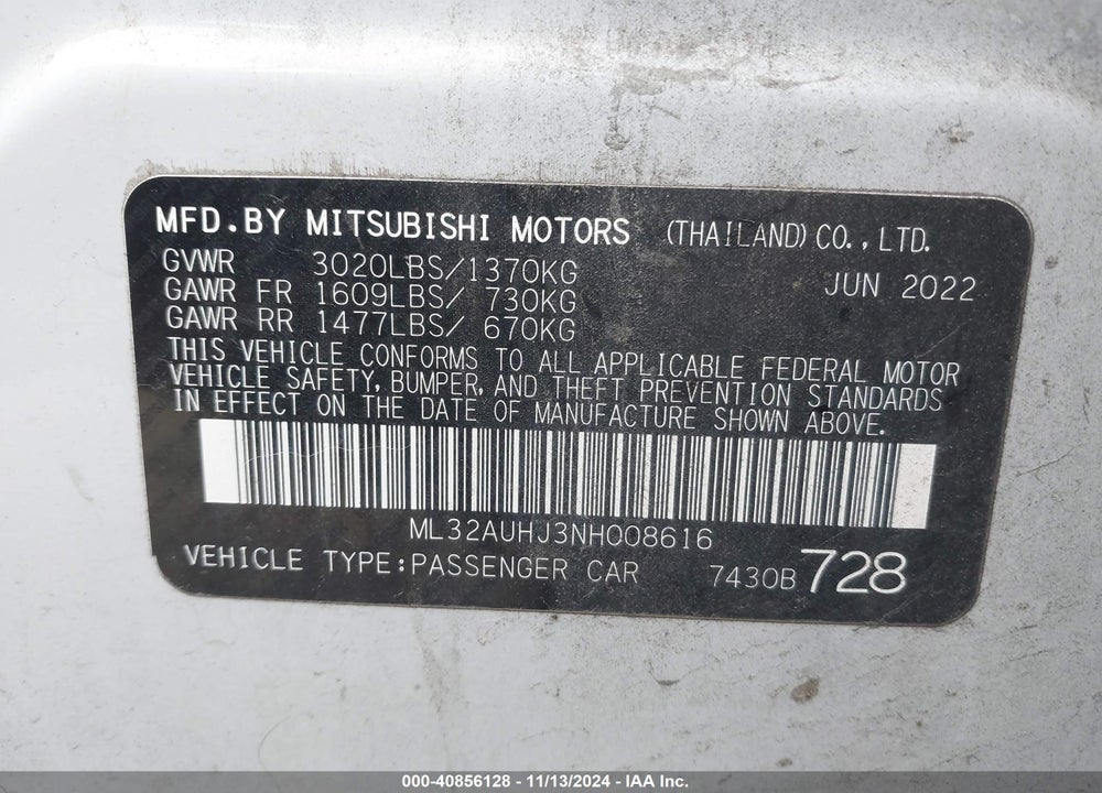 2022 MITSUBISHI MIRAGE ES VIN: ML32AUHJ3NH008616