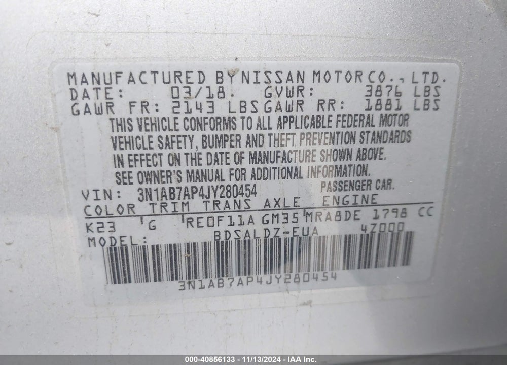 2018 NISSAN SENTRA SV VIN: 3N1AB7AP4JY280454