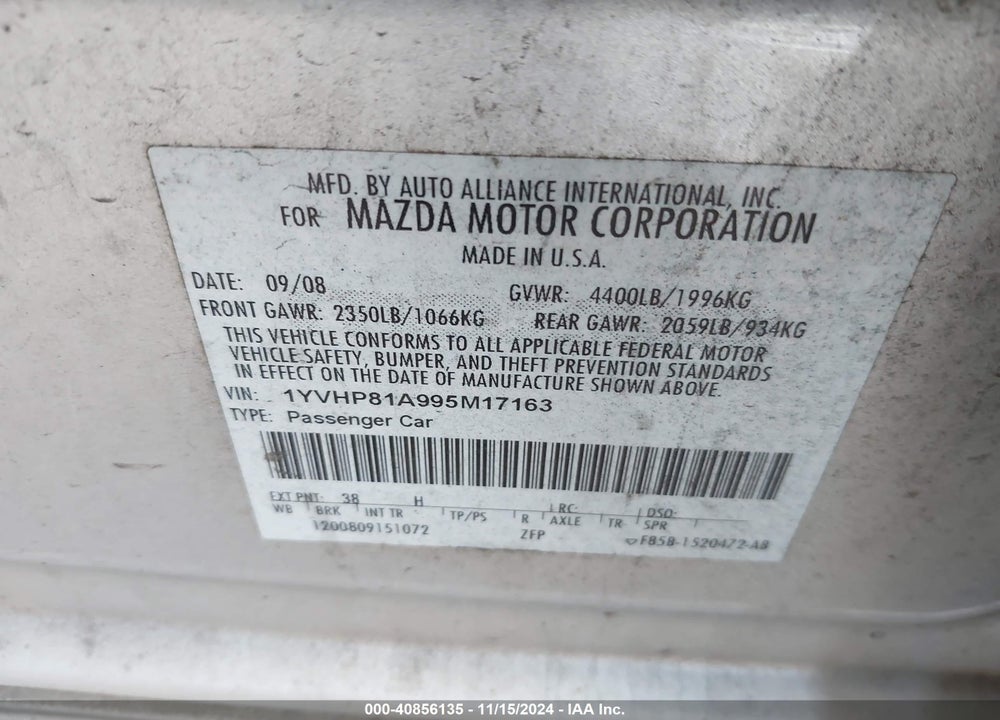 2009 MAZDA 6 I SPORT VIN: 1YVHP81A995M17163