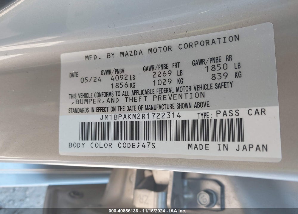 2024 MAZDA 3 2.5 S SELECT SPORT VIN: JM1BPAKM2R1722314