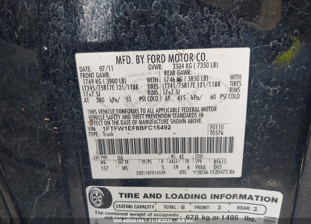 2011 FORD F-150 XLT VIN: 1FTFW1EF8BFC15492