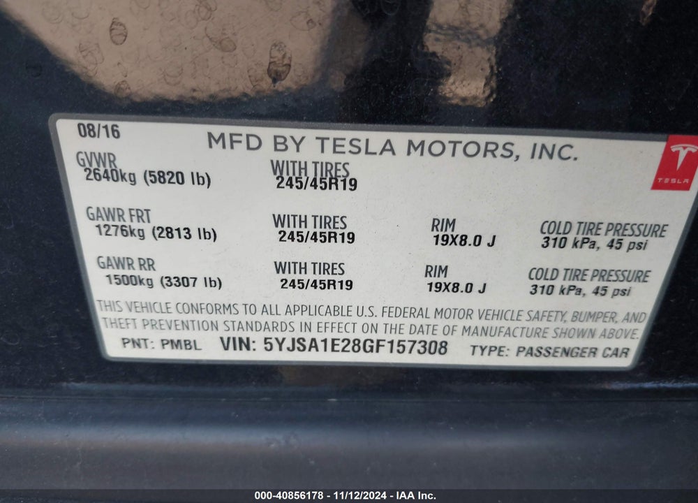 2016 TESLA MODEL S 60D/70D/75D/85D/90D VIN: 5YJSA1E28GF157308