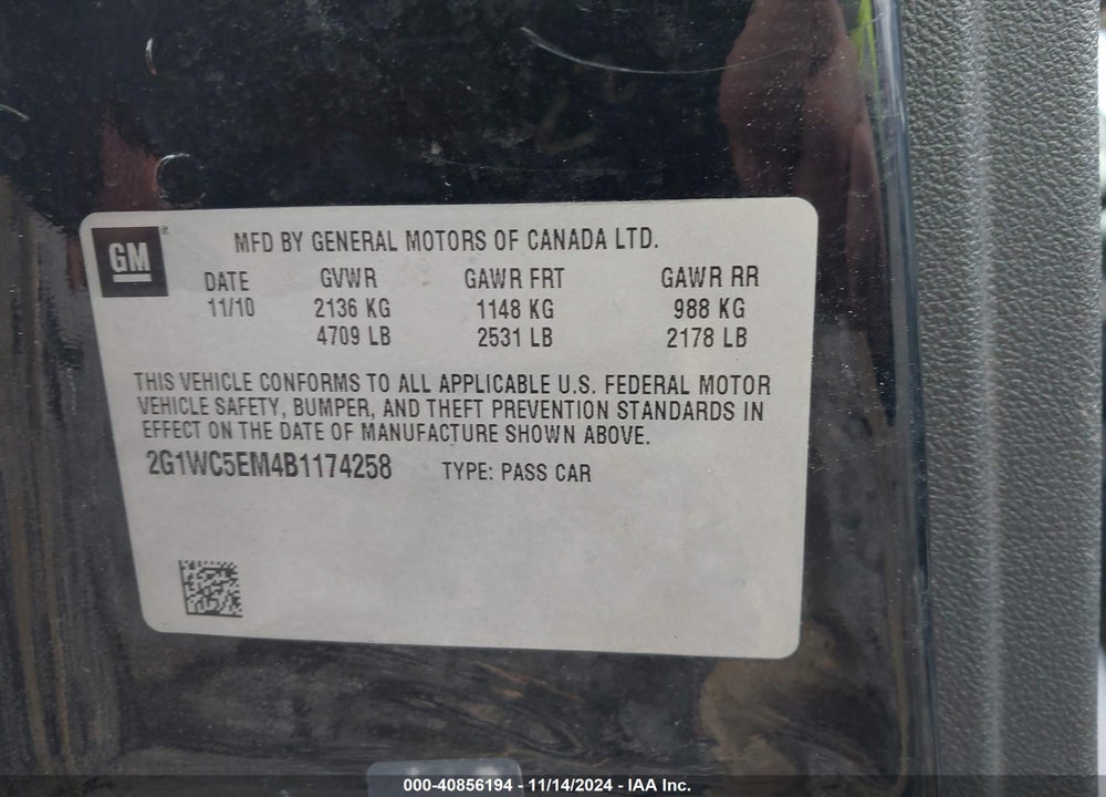 2011 CHEVROLET IMPALA LTZ VIN: 2G1WC5EM4B1174258