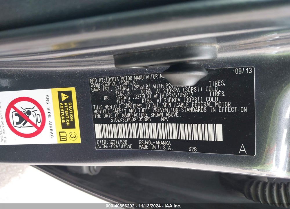 2013 TOYOTA HIGHLANDER PLUS/SE VIN: 5TDZK3EH0DS135385