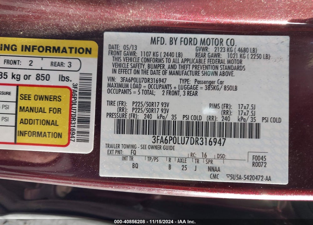 2013 FORD FUSION HYBRID SE VIN: 3FA6P0LU7DR316947