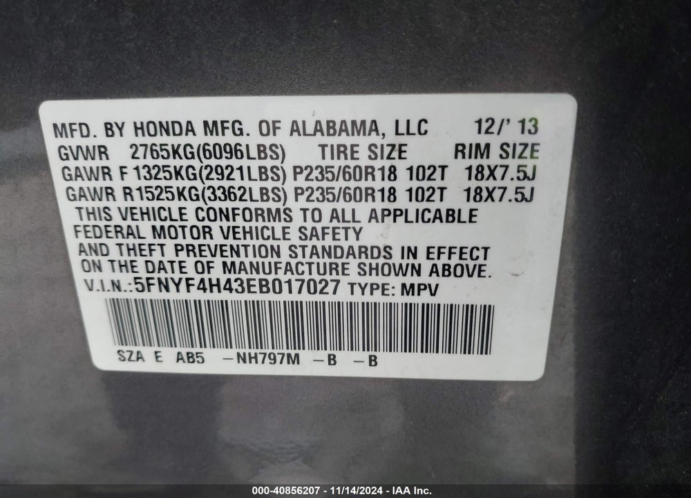 2014 HONDA PILOT EX VIN: 5FNYF4H43EB017027