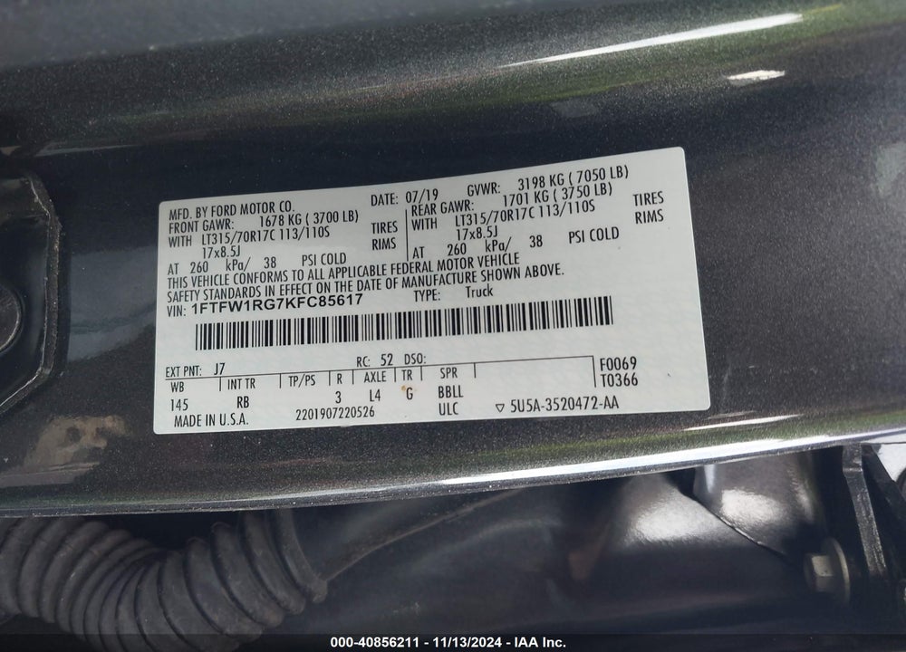 2019 FORD F-150 RAPTOR VIN: 1FTFW1RG7KFC85617