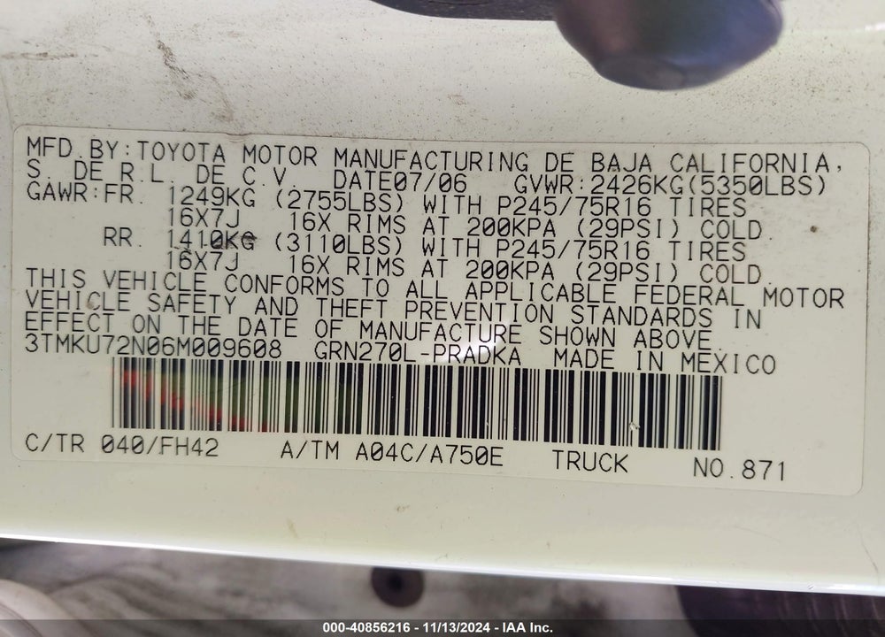 2006 TOYOTA TACOMA PRERUNNER V6 VIN: 3TMKU72N06M009608