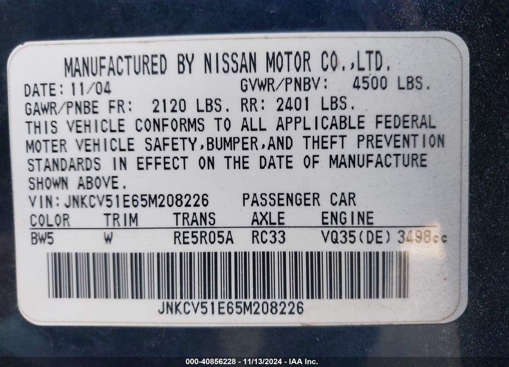 2005 INFINITI G35 VIN: JNKCV51E65M208226