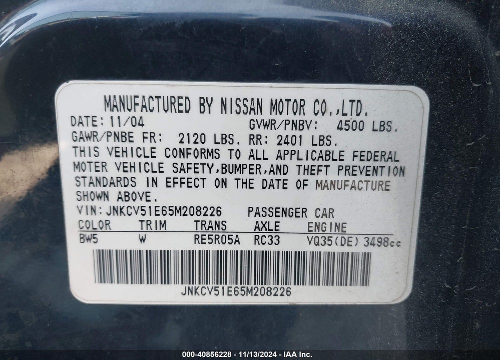 2005 INFINITI G35 VIN: JNKCV51E65M208226