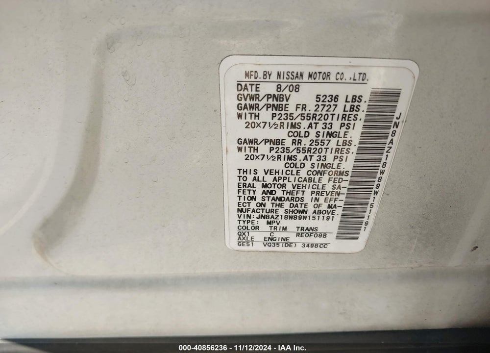 2009 NISSAN MURANO LE VIN: JN8AZ18W89W151191