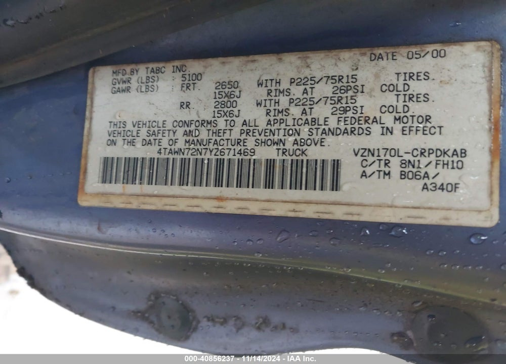 2000 TOYOTA TACOMA BASE V6 VIN: 4TAWN72N7YZ671469