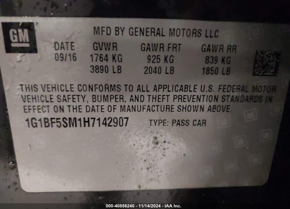 2017 CHEVROLET CRUZE PREMIER AUTO VIN: 1G1BF5SM1H7142907