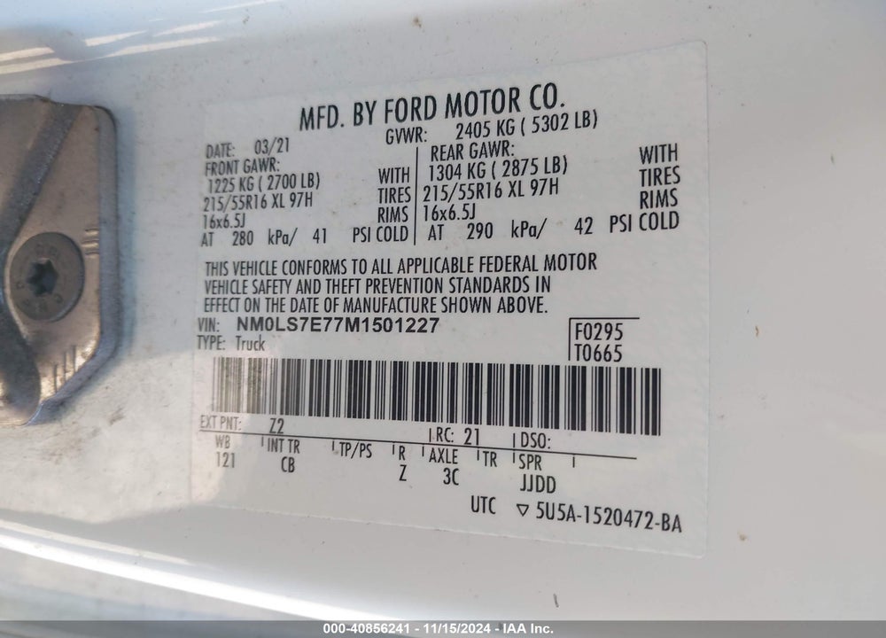 2021 FORD TRANSIT CONNECT XL CARGO VAN VIN: NM0LS7E77M1501227
