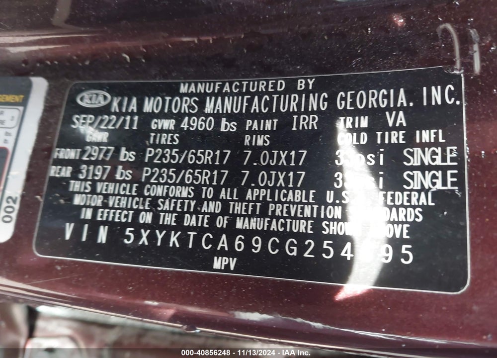 2012 KIA SORENTO LX VIN: 5XYKTCA69CG254695