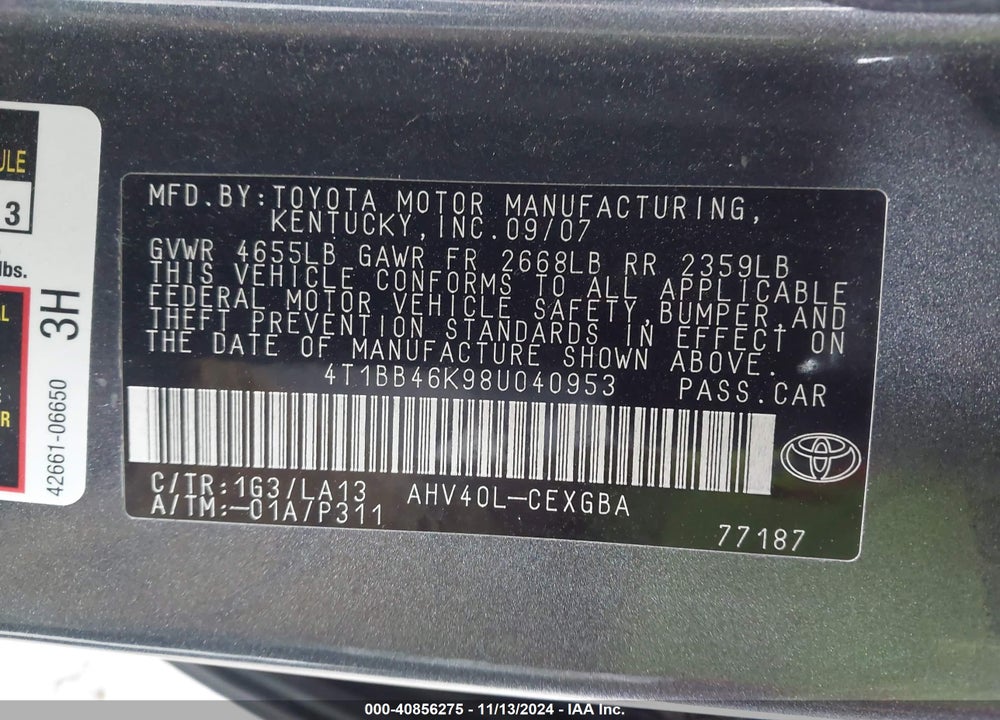 2008 TOYOTA CAMRY HYBRID VIN: 4T1BB46K98U040953
