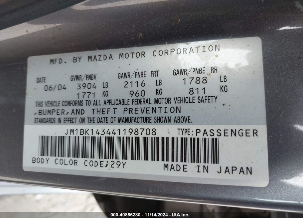 2004 MAZDA 3 S VIN: JM1BK143441198708