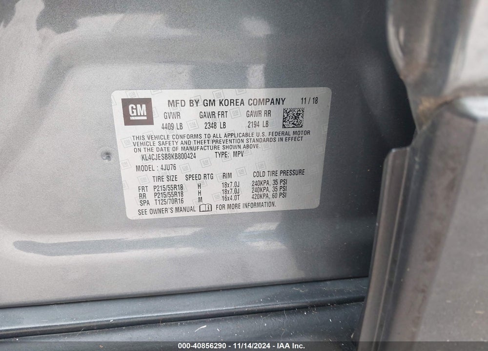2019 BUICK ENCORE AWD PREFERRED VIN: KL4CJESB8KB800424