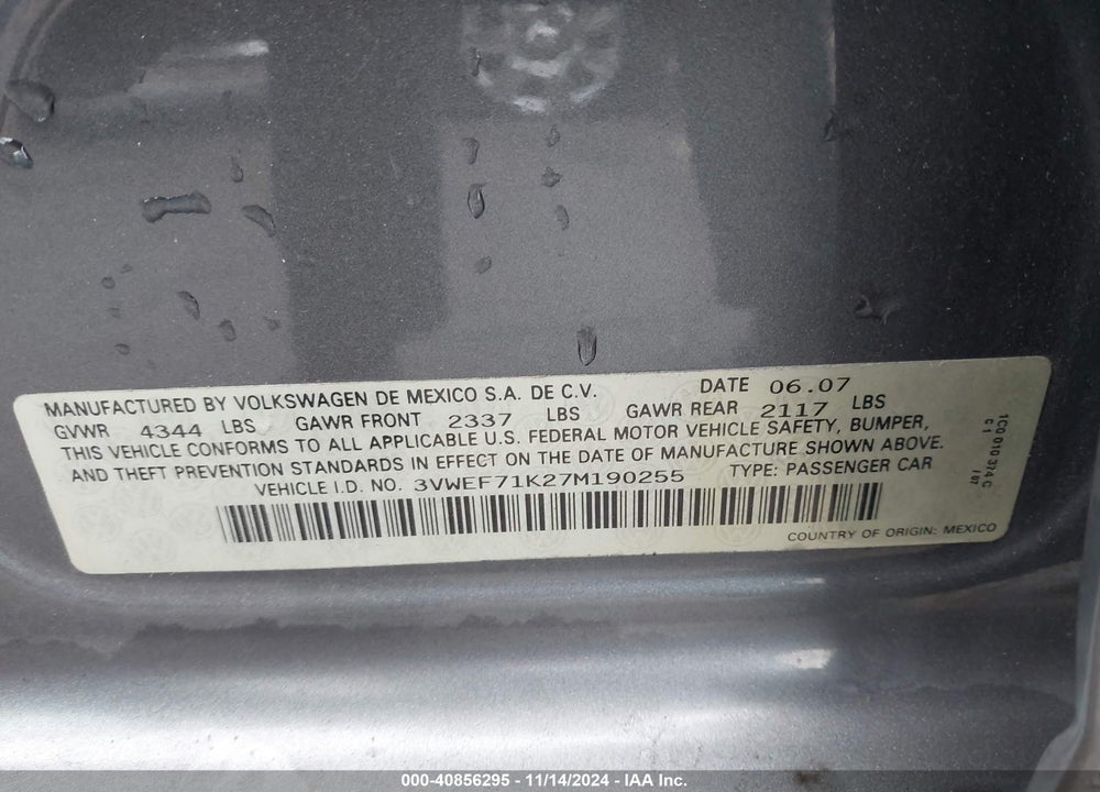 2007 VOLKSWAGEN JETTA WOLFSBURG EDITION VIN: 3VWEF71K27M190255