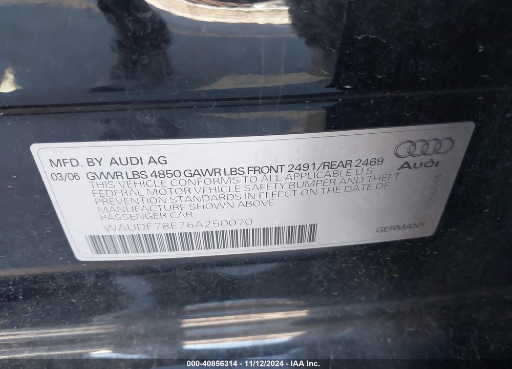 2006 AUDI A4 2.0T VIN: WAUDF78E76A250070
