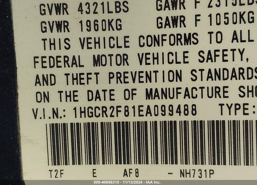 2014 HONDA ACCORD VIN: 1HGCR2F81EA099488