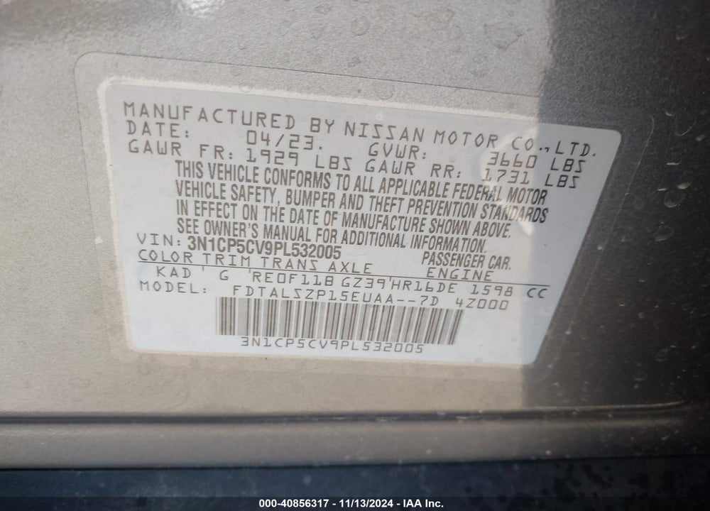 2023 NISSAN KICKS SV XTRONIC CVT VIN: 3N1CP5CV9PL532005