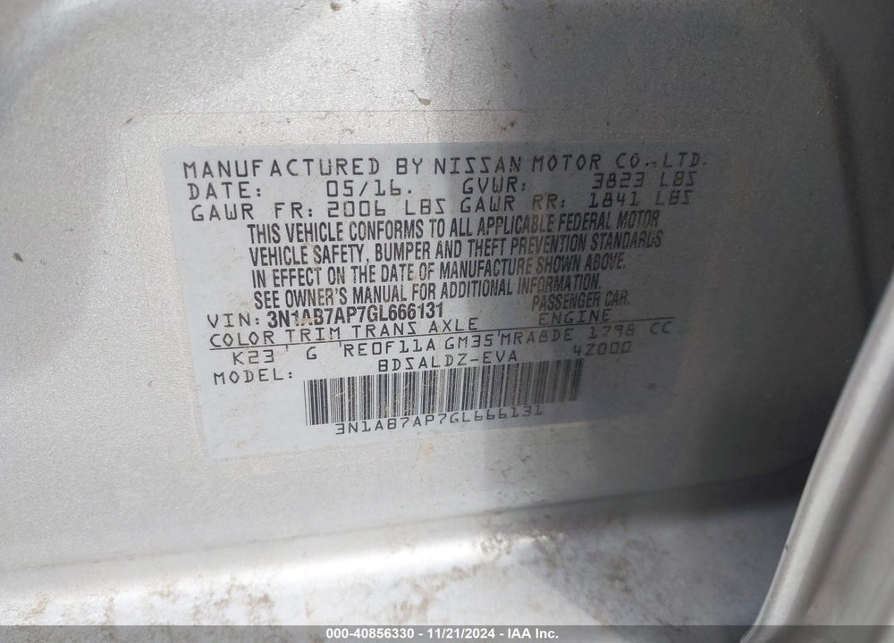 2016 NISSAN SENTRA FE+ S/S/SL/SR/SV VIN: 3N1AB7AP7GL666131
