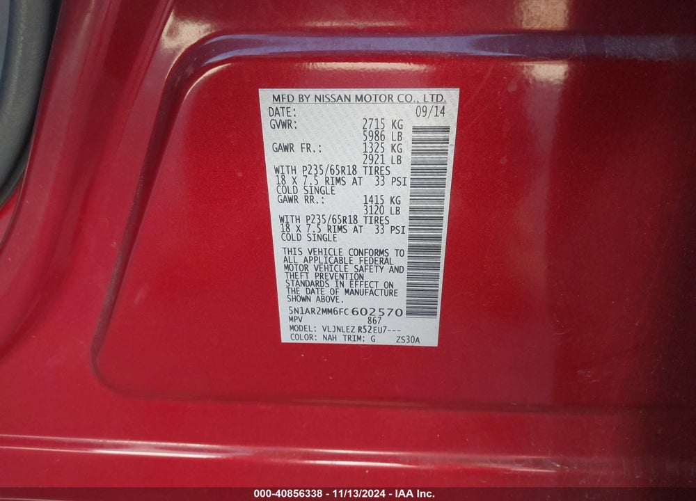 2015 NISSAN PATHFINDER SV VIN: 5N1AR2MM6FC602570