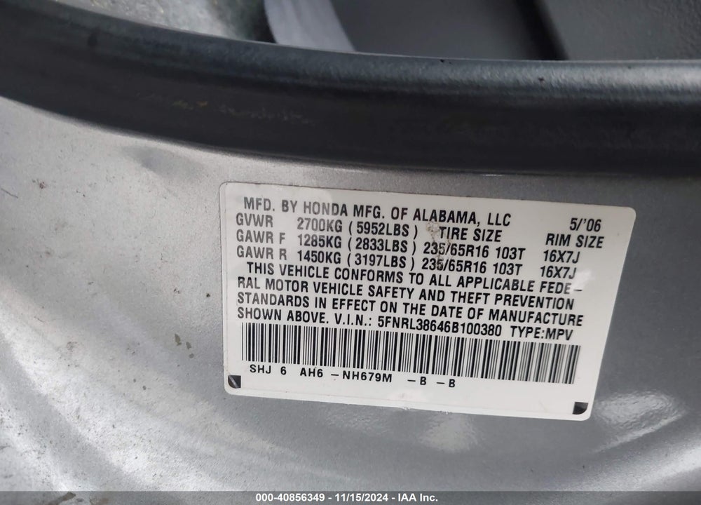 2006 HONDA ODYSSEY EX-L VIN: 5FNRL38646B100380
