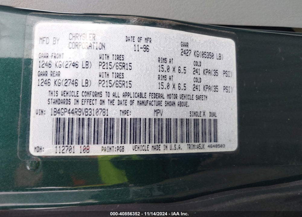 1997 DODGE GRAND CARAVAN SE VIN: 1B4GP44R9VB310781