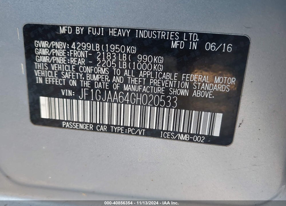 2016 SUBARU IMPREZA 2.0I VIN: JF1GJAA64GH020533