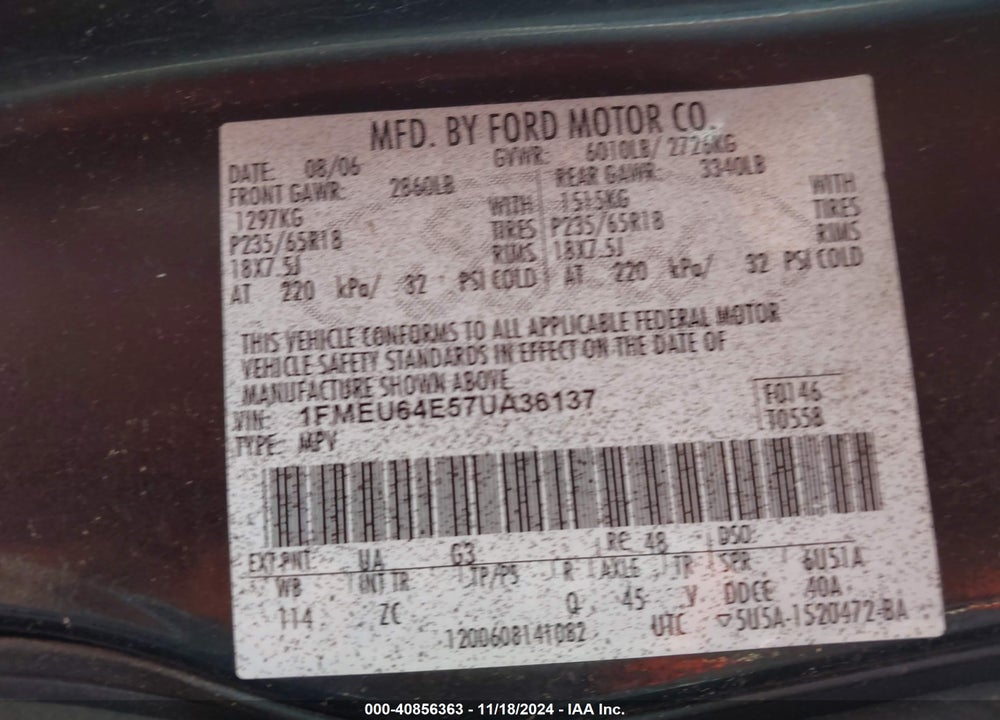 2007 FORD EXPLORER EDDIE BAUER VIN: 1FMEU64E57UA36137