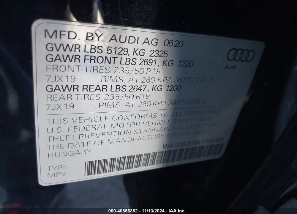 2020 AUDI Q3 PREMIUM 45 TFSI S LINE QUATTRO TIPTRONIC VIN: WA1DECF36L1109304