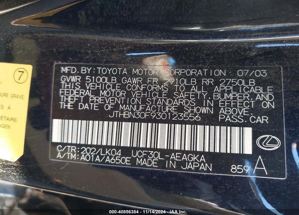 2003 LEXUS LS 430 VIN: JTHBN30F930123556