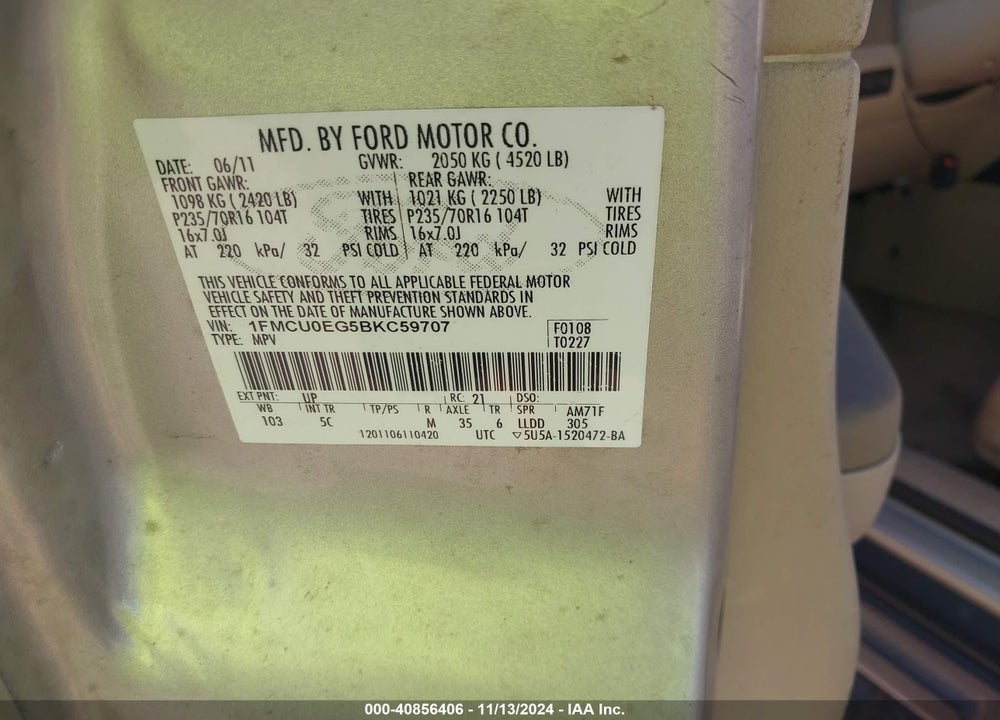 2011 FORD ESCAPE LIMITED VIN: 1FMCU0EG5BKC59707