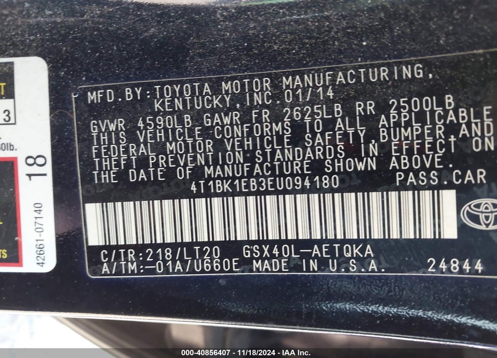 2014 TOYOTA AVALON XLE TOURING VIN: 4T1BK1EB3EU094180