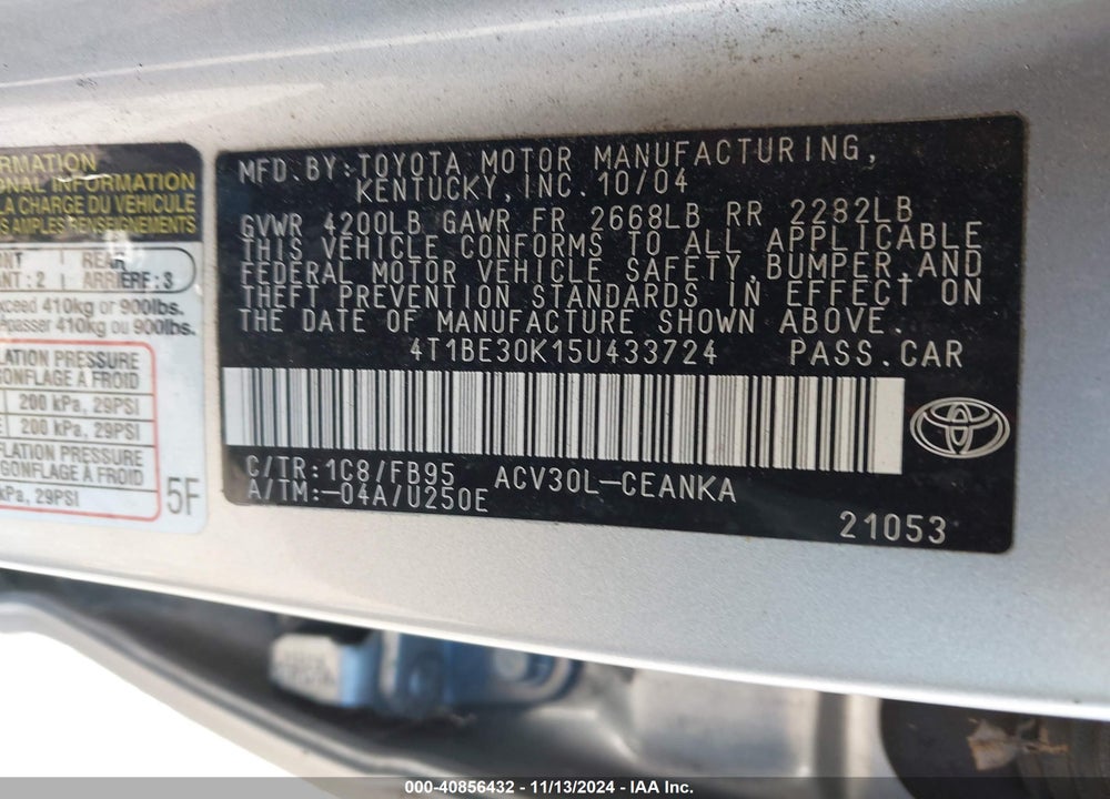 2005 TOYOTA CAMRY LE VIN: 4T1BE30K15U433724