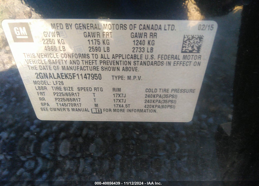 2015 CHEVROLET EQUINOX LS VIN: 2GNALAEK5F1147950