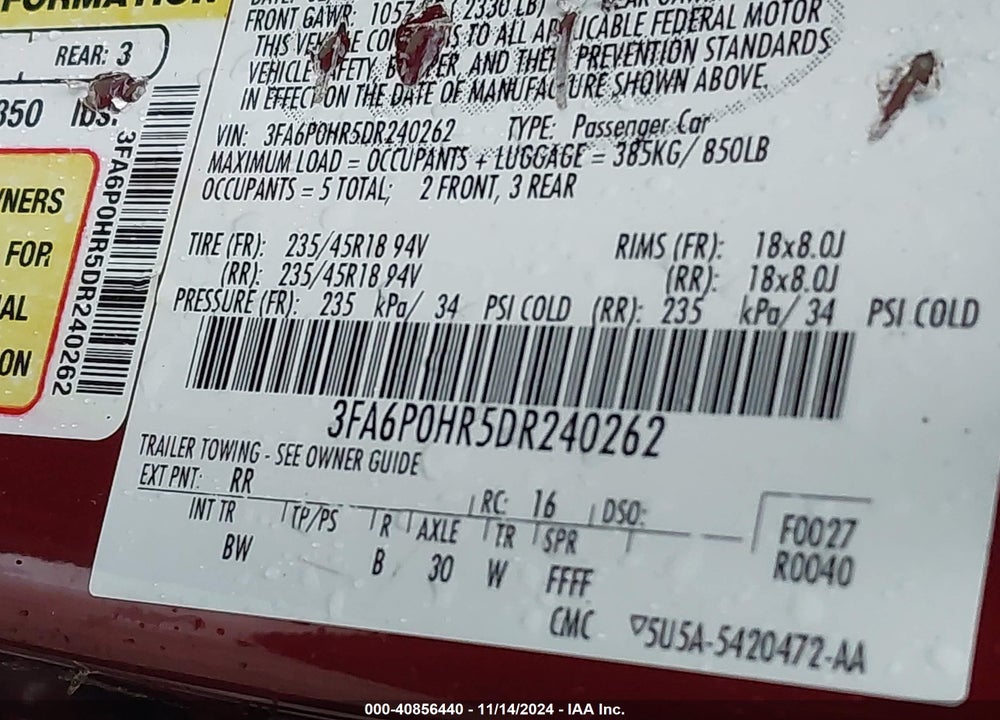 2013 FORD FUSION SE VIN: 3FA6P0HR5DR240262