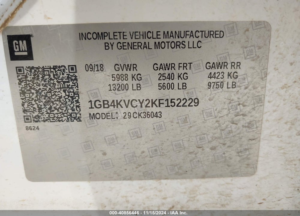 2019 CHEVROLET SILVERADO 3500HD CHASSIS WT VIN: 1GB4KVCY2KF152229